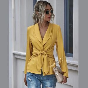 Women's V Neck Blazer Jacket Self Tie Knot Yellow or Choose Color